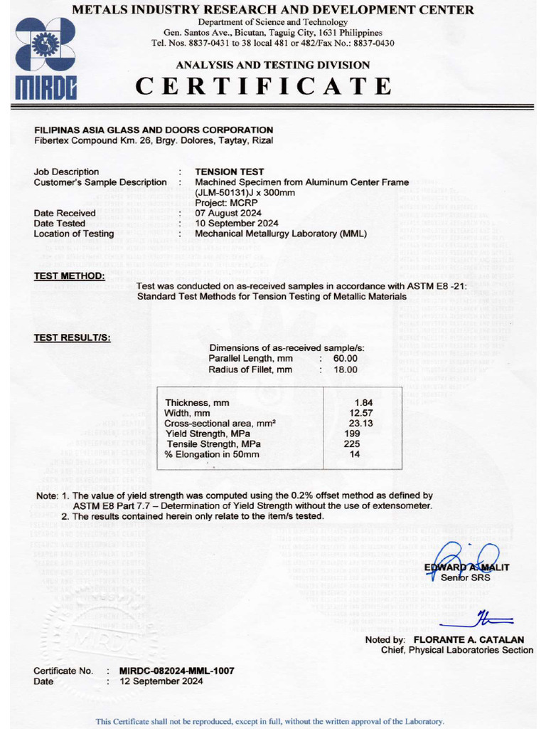 Aluminum Awning Frame Test Report 2 | PDF