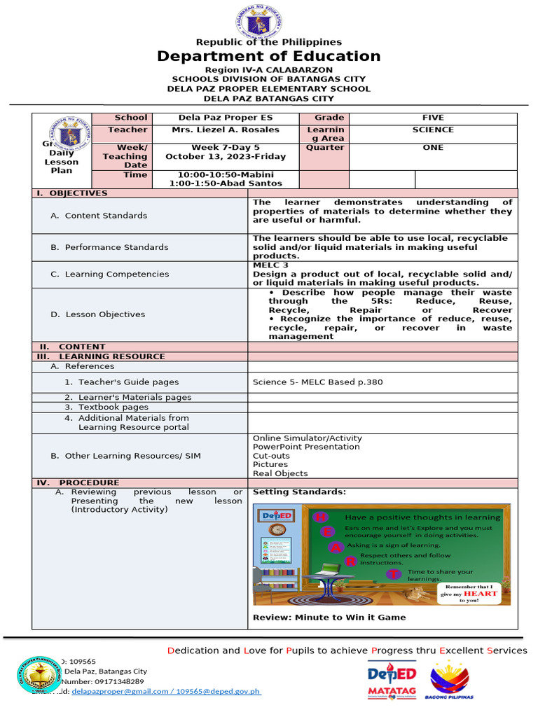 Grade 5 Science Lesson Plan: 5Rs Waste Management | PDF | Waste | Recycling