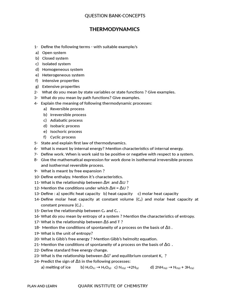 Thermodynamics Concepts Question Bank | PDF | Heat Capacity | Entropy