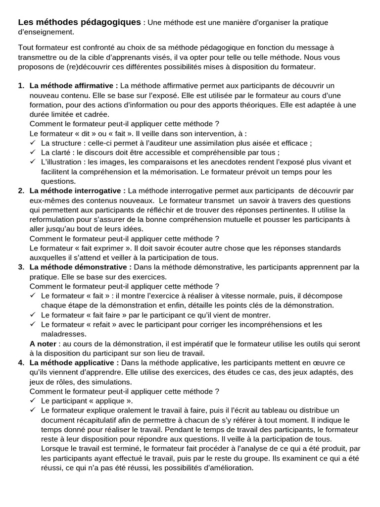 Méthodes Pédagogiques pour Formateurs | PDF | Pédagogie | Apprentissage