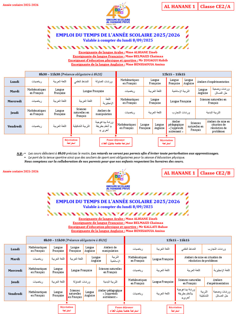 Emploi du temps CE2 2025-2026 | PDF | Mathématiques | France