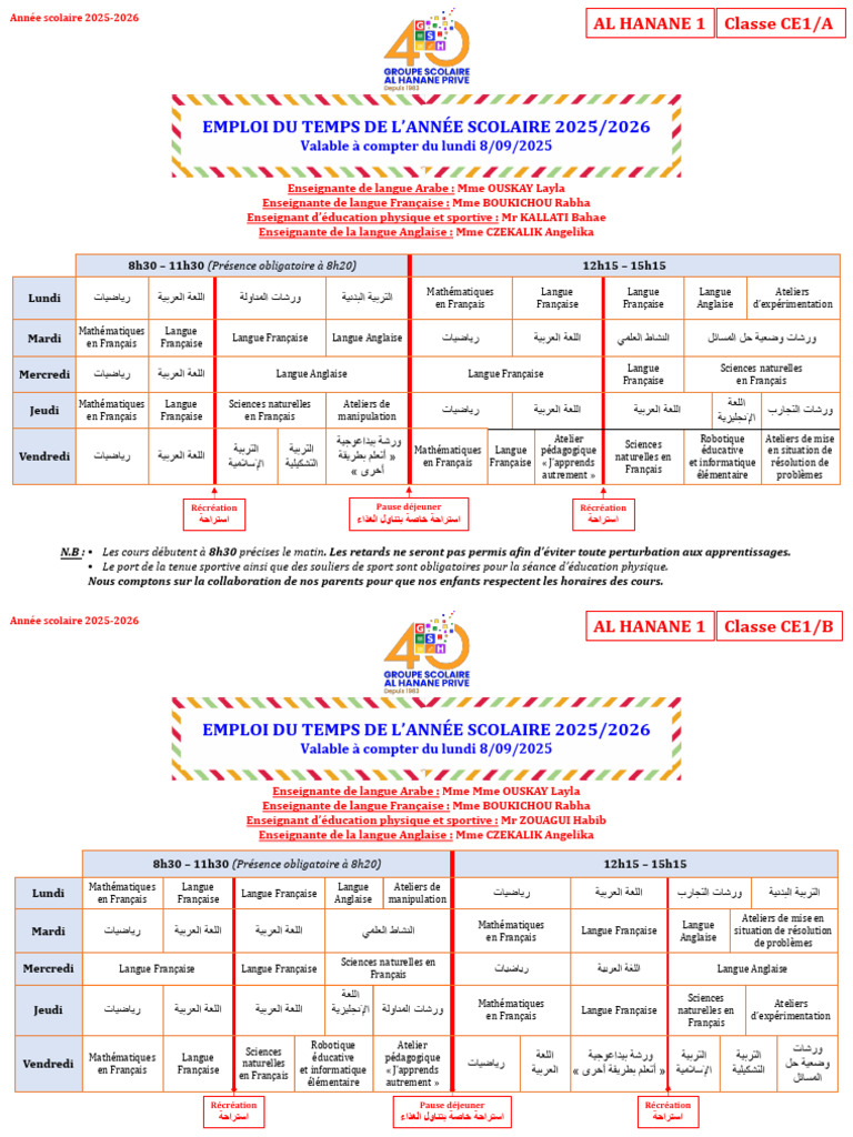 Emploi du temps CE1 Année 2025-2026 | PDF | Mathématiques | Physique