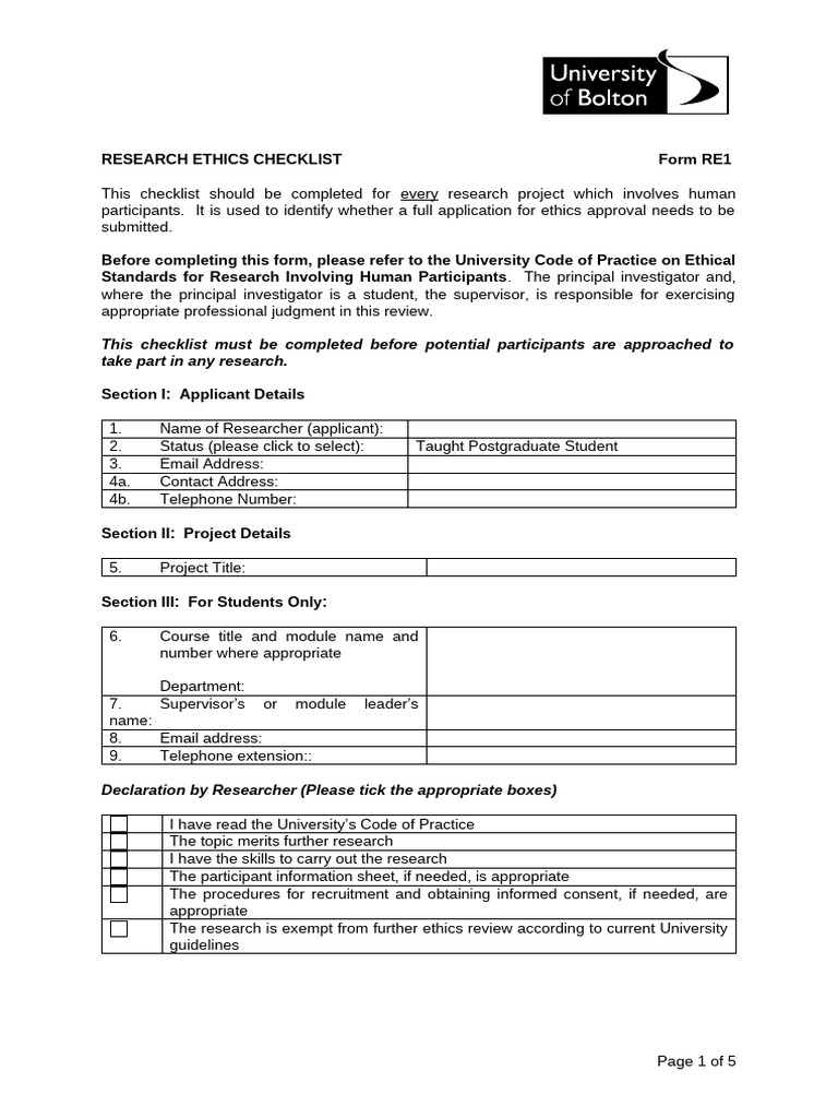 Research Ethics Checklist RE1 Form | PDF | Consent | Substance Abuse