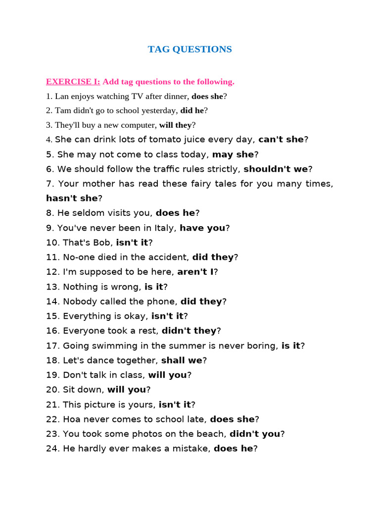 Tag Questions Exercise for Practice | PDF