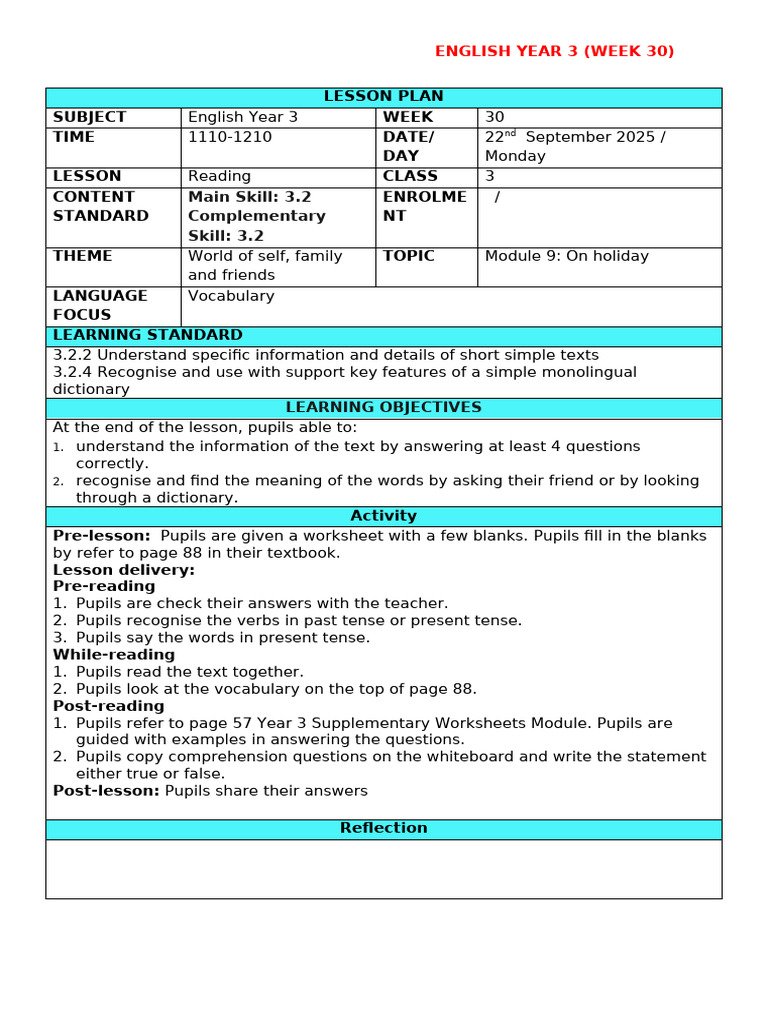 Year 3 English Lesson Plan: Week 30 | PDF | Question | Lesson Plan