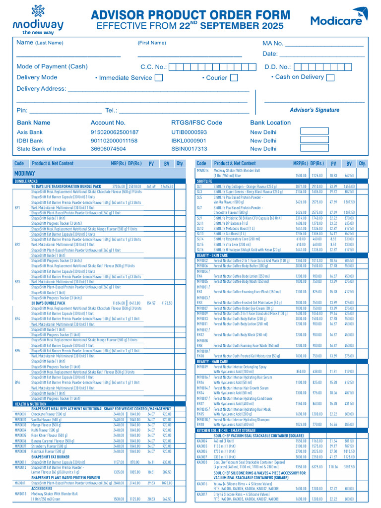 Advisor Product Order Form for Health & Nutrition | PDF | Shampoo