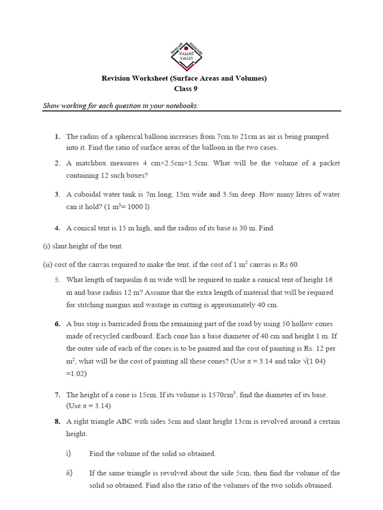 Class 9 Surface Areas & Volumes Worksheet | PDF