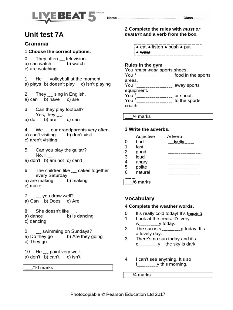 Unit Test 7A: Grammar and Vocabulary | PDF | Linguistic Typology ...