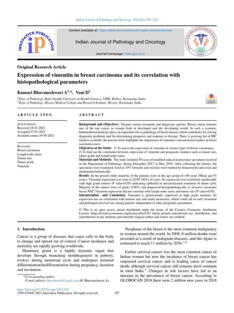 Expression of Vimentin in Breast Carcinoma and Its Correlation With ...