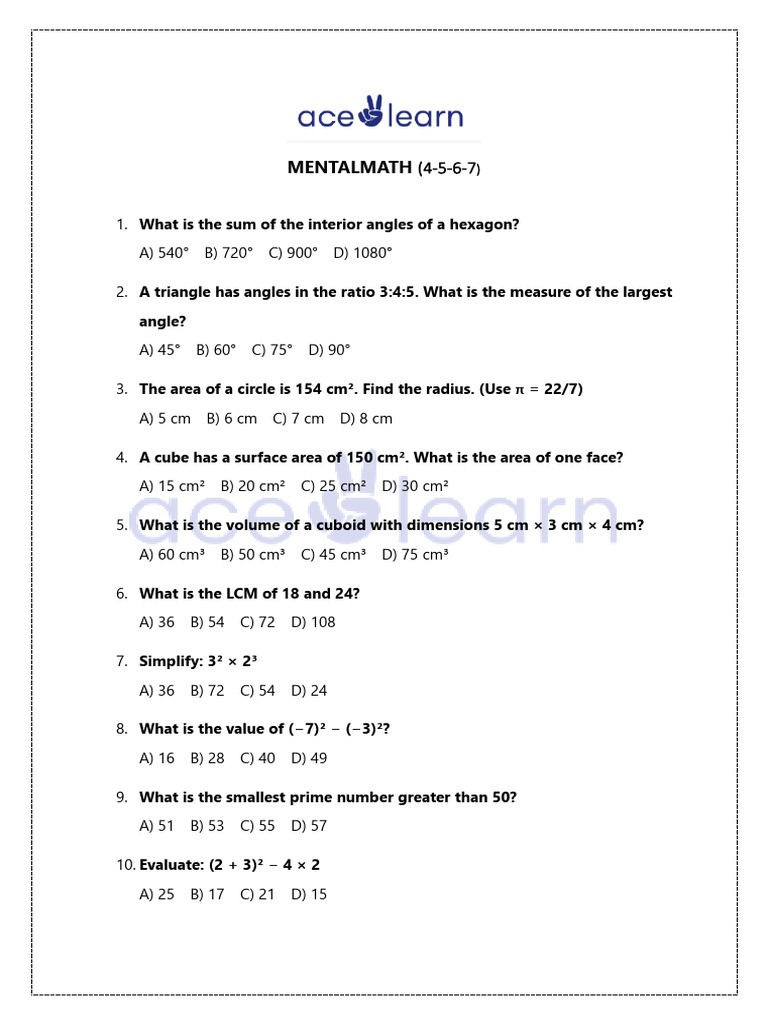 Mental Math Questions and Answers | PDF | Area | Geometry