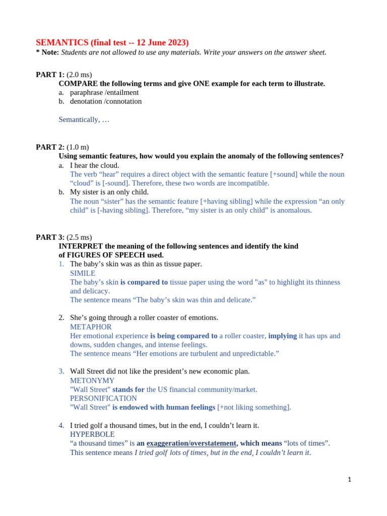 Semantics 12.06.2023 KEYS | PDF | Semantics | Language Mechanics