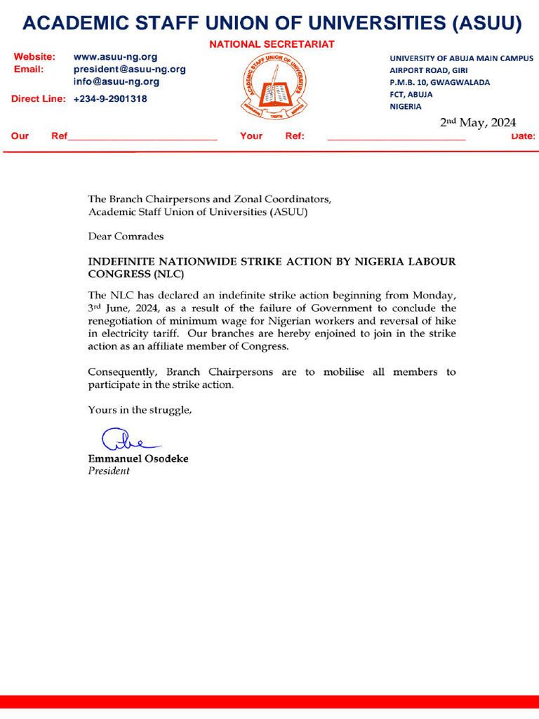 NLC Strike Notice To Asuu | PDF