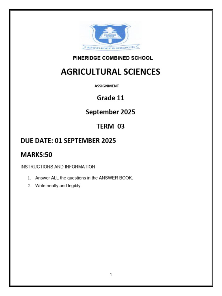 AGRIC SC TASK Grade 11 SEP TERM3 2025 ASSIGNMENT | PDF | Plant ...