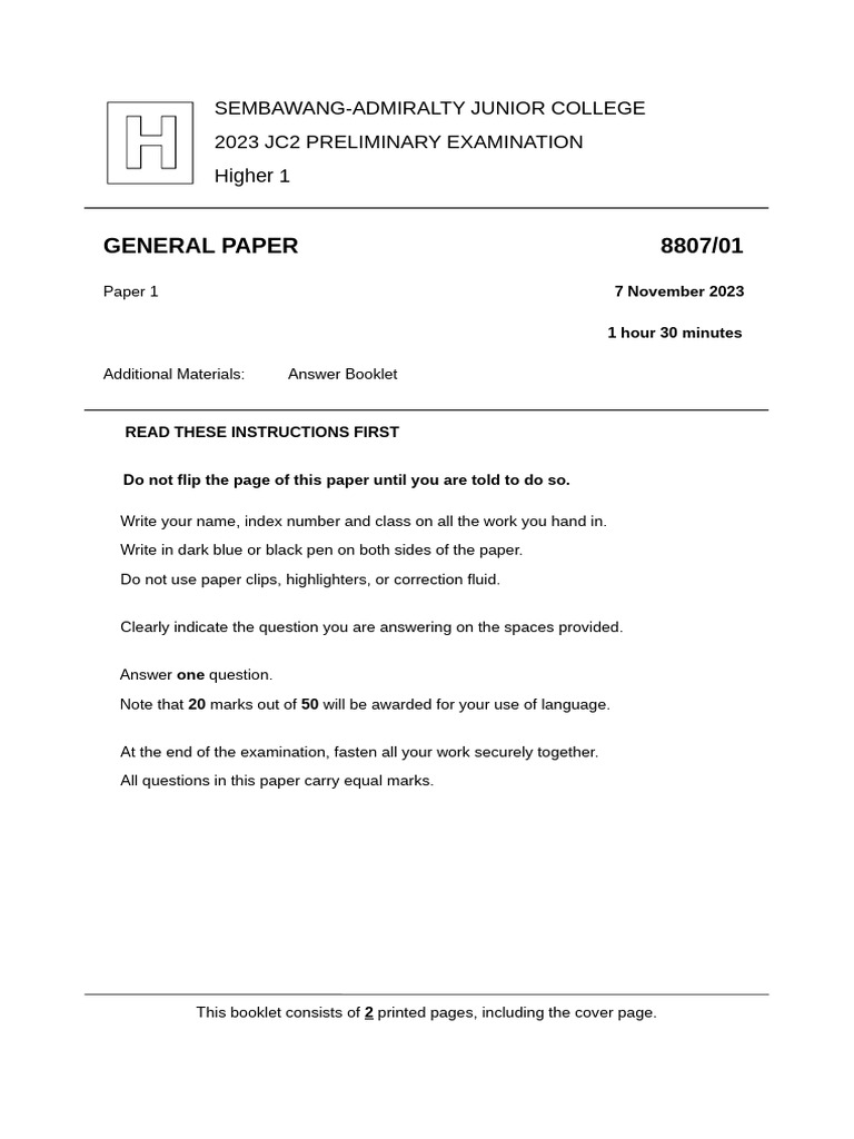JC2 General Paper Exam Instructions | PDF