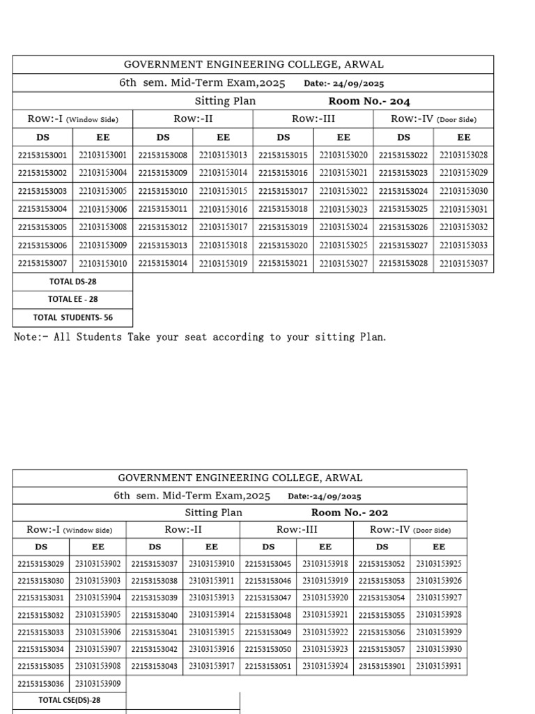 2025 Mid-Term Exam Seating Plan | PDF