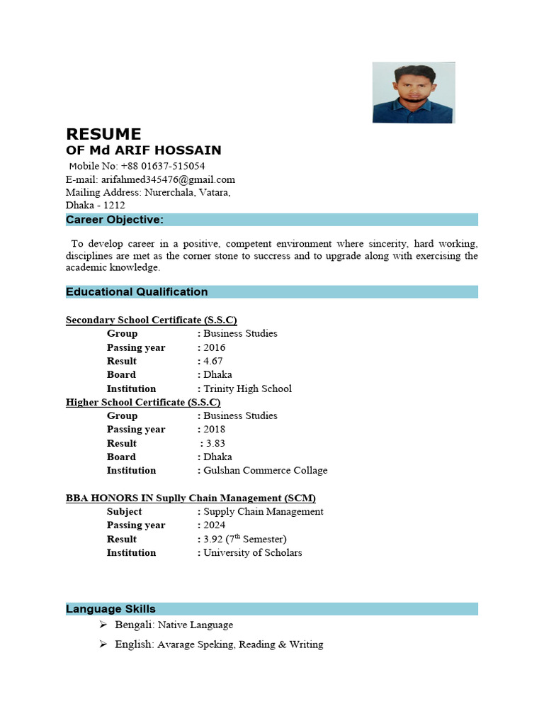 Md Arif Hossain's Professional Resume | PDF