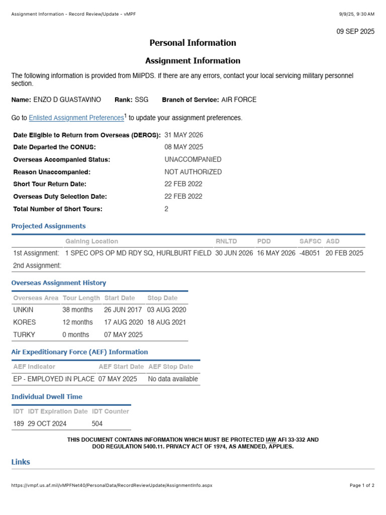 Air Force Assignment Record Update | PDF