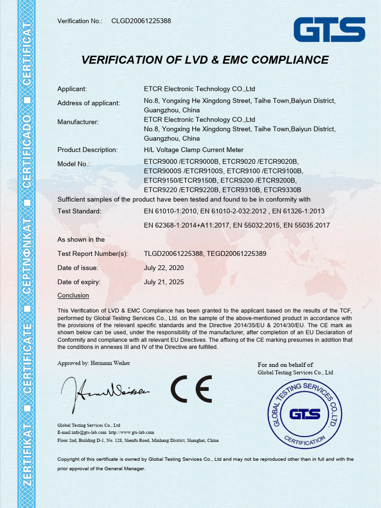 LVD & EMC Compliance Verification for ETCR | PDF