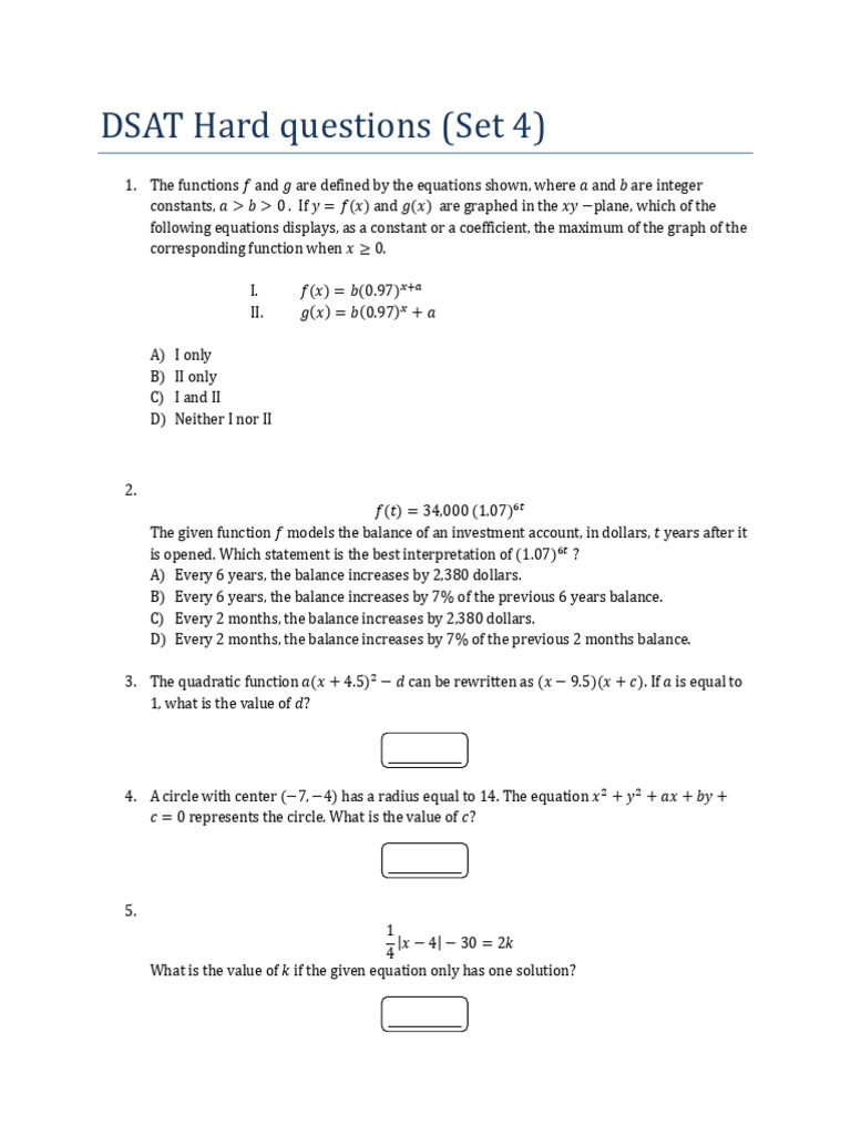 Hard SAT Constant Questions Set 4 | PDF | Numbers | Function (Mathematics)