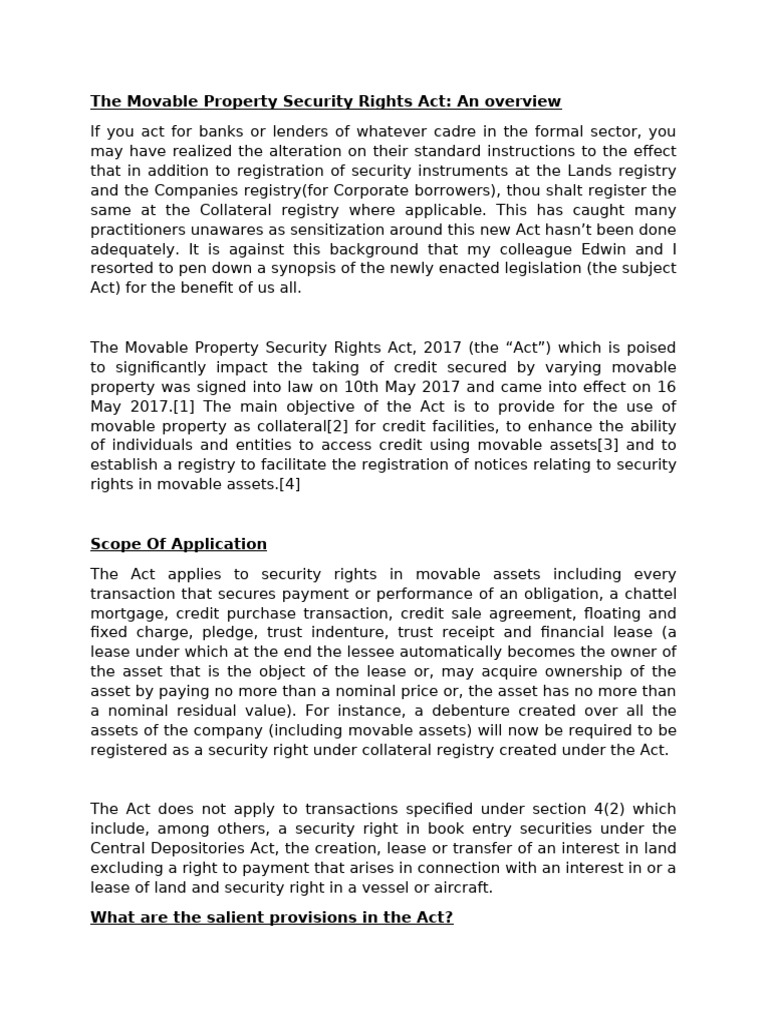 The Movable Property Security Rights Act Overview | PDF | Lease ...