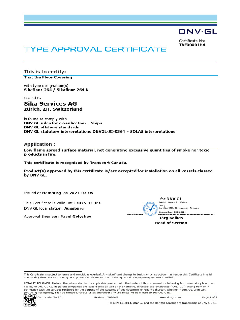 DNV Type Approvalcanadafcsikafloor264and264ndnv | PDF | Flooring