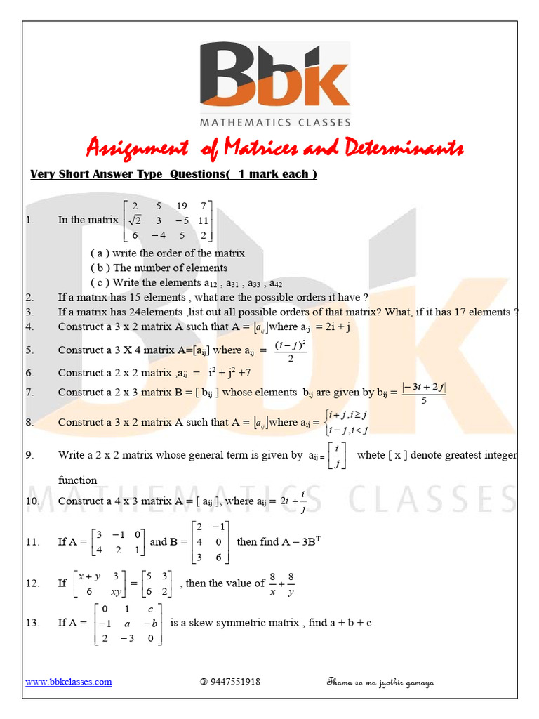 Matrices and Determinants Assignment | PDF | Matrix (Mathematics ...