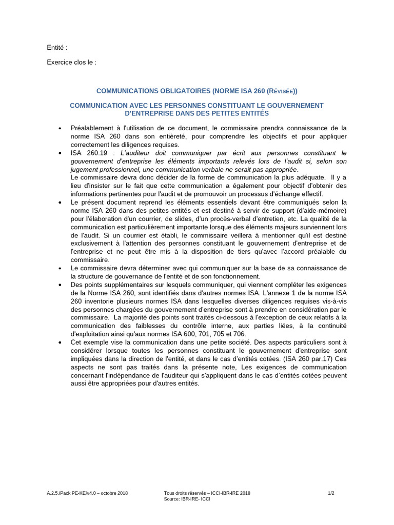 Communication ISA 260 pour petites entités | PDF | Audit
