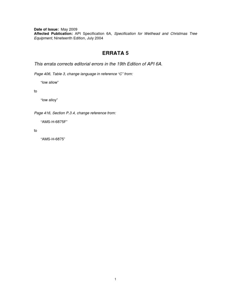 API 6A Errata Corrections 2009 | PDF | Technology & Engineering