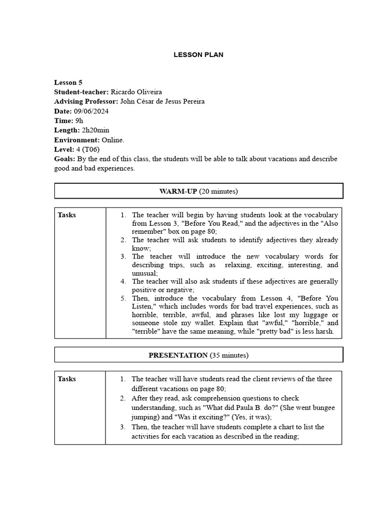 Vacation Experiences Lesson Plan | PDF | Cognitive Science | Cognition
