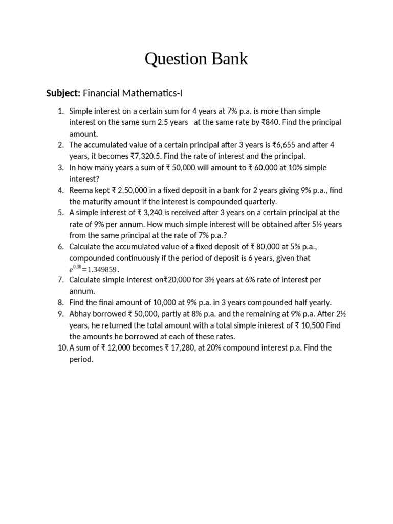 Financial Mathematics-I Question Bank | PDF