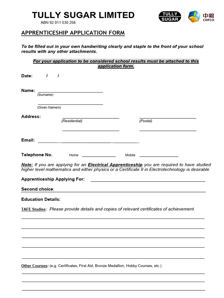 Tully Sugar Apprenticeship Application 2026 | PDF