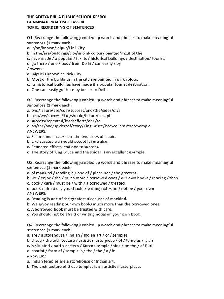 Class 11 Sentence Reordering Practice | PDF