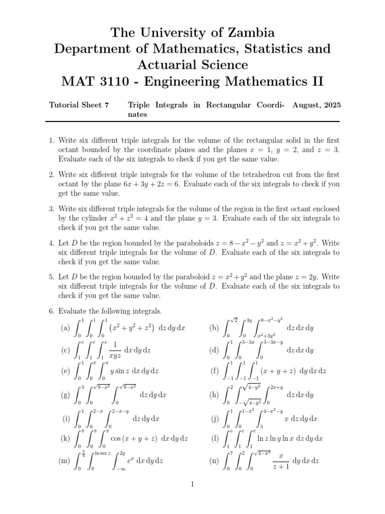 MAT 3110 Tutorial Sheet 7 2024 25 | PDF | Integral | Geometric Objects