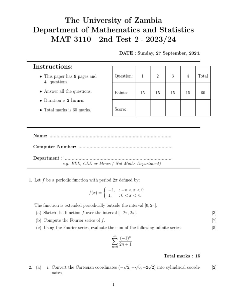 MAT 3110 2nd Test 2 2023 24 | PDF | Mathematics | Science