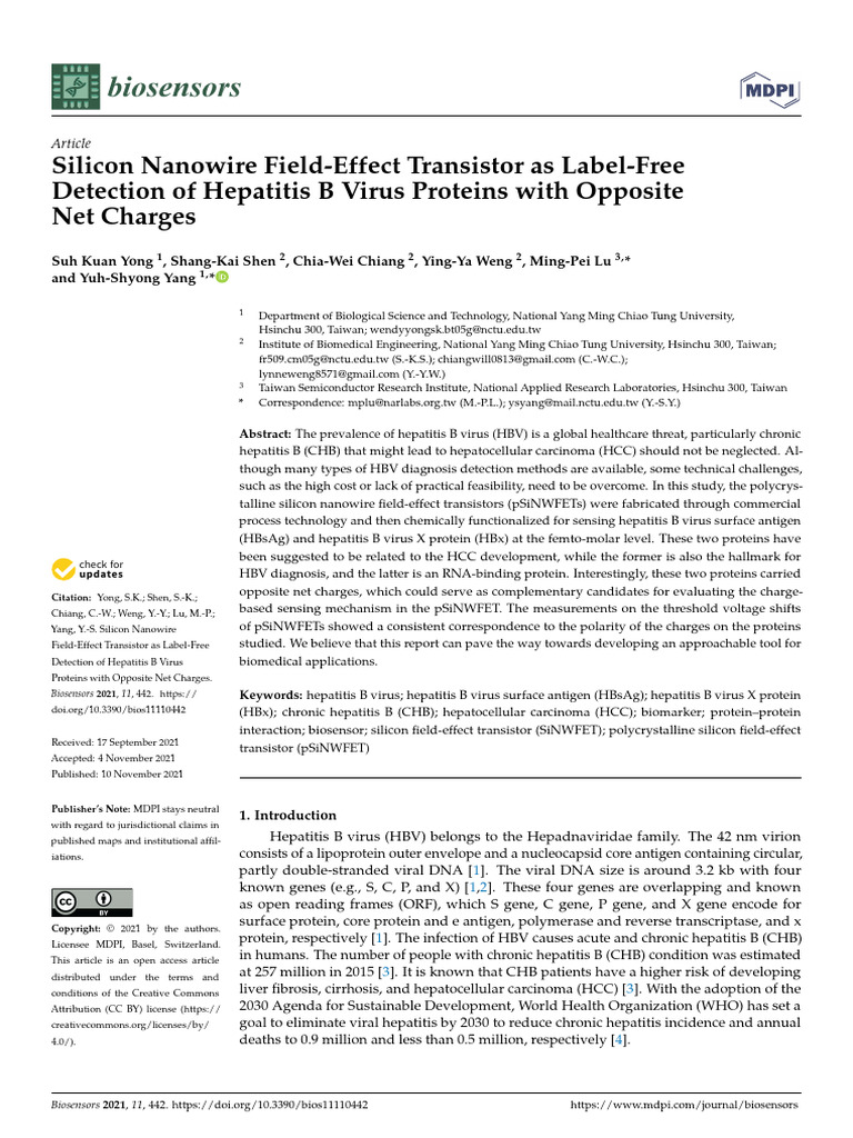 Silicon Nanowire FET for Hepatitis B Detection | PDF | Hepatitis B ...