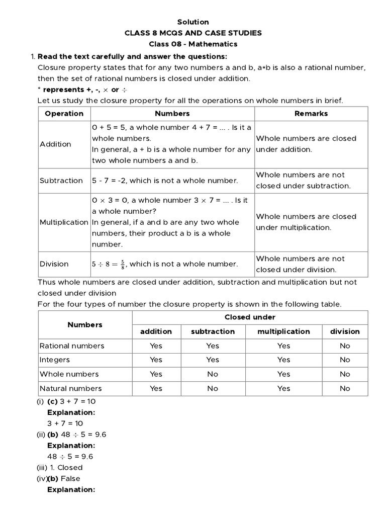 Class 8 Mathematics MCQs & Case Studies | PDF | Integer | Multiplication