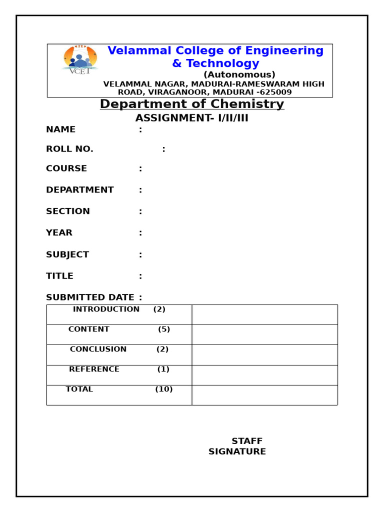 Assignment Front Page - CHEM | PDF