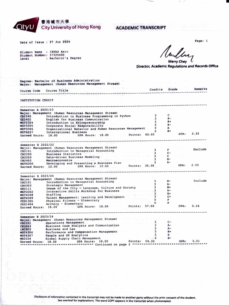Cityu Transcript & Degree | PDF