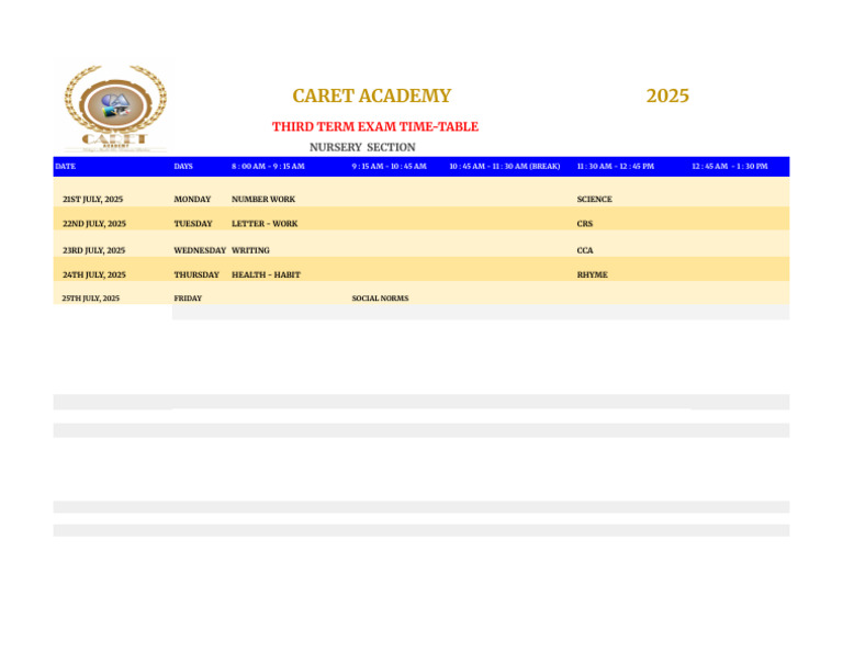 Caret Academy Nursery Exam Schedule | PDF