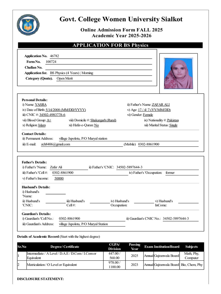 BS Physics Admission Form 2025-2026 | PDF | Justice | Crime & Violence
