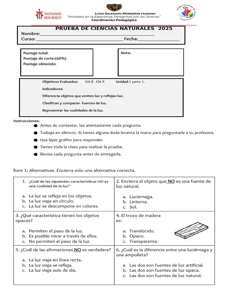 Prueba de Ciencias Naturales 2025 | PDF | Arco iris | Ligero