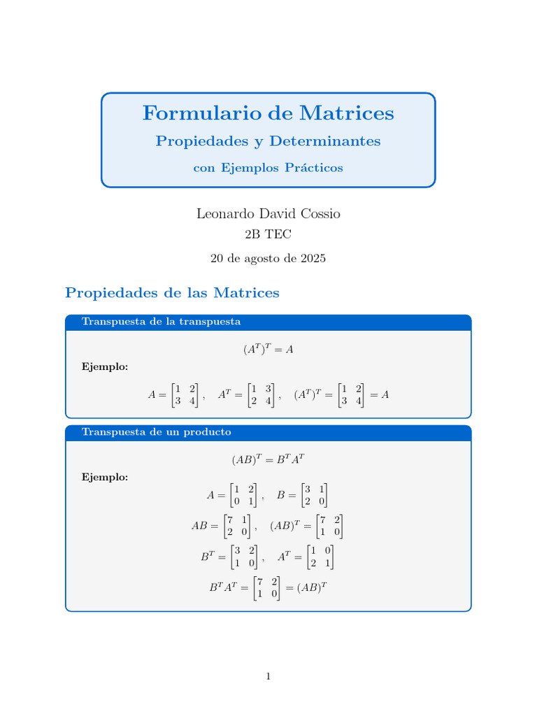 Formulario de Matrices: Propiedades y Determinantes | PDF | Euclides ...