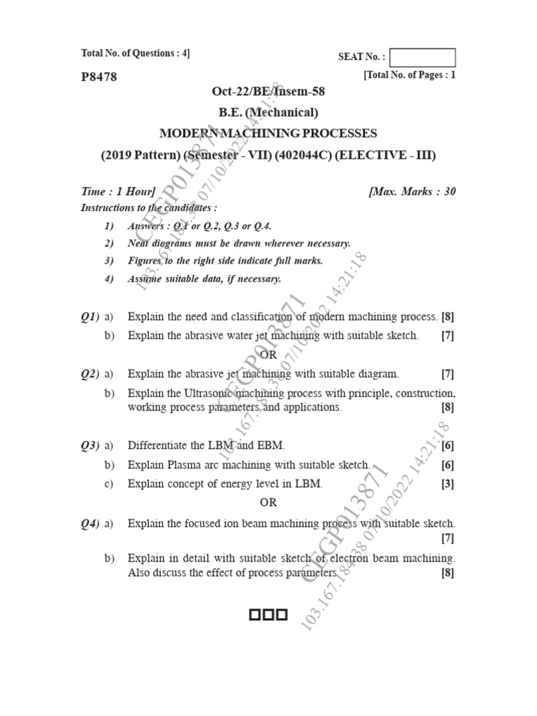 Modern Machining Processes Exam Guide | PDF | Applied And ...