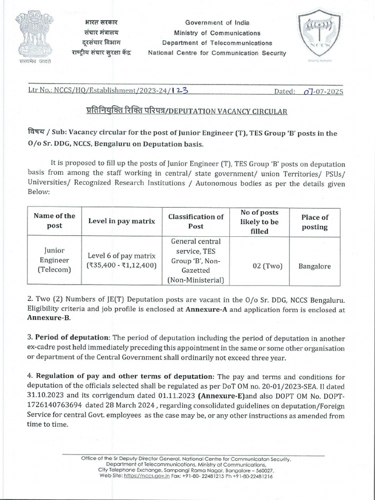 Junior Engineer (Telecom) Deputation Notification | PDF
