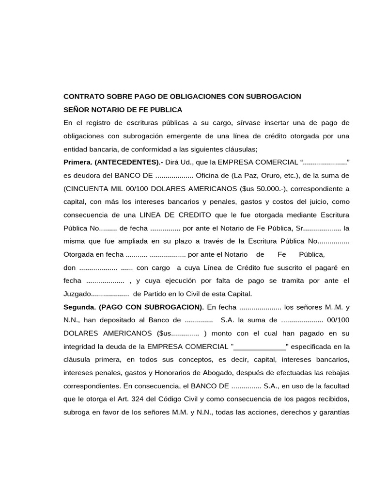 Contrato Sobre Pago de Obligaciones Con Subrogacion | PDF | Pagos ...