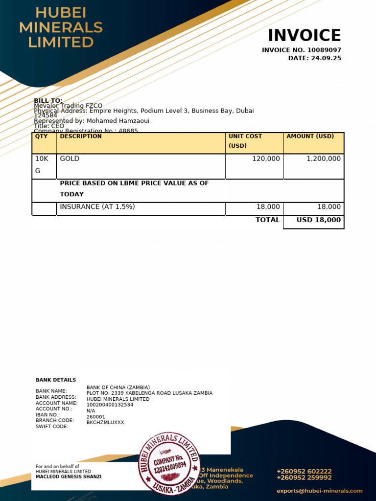 Copper Invoice from Hubei Minerals | PDF