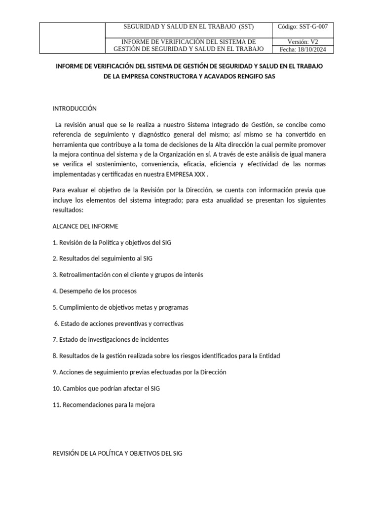Informe de Verificación SST 2024 | PDF | Seguridad y salud ocupacional ...