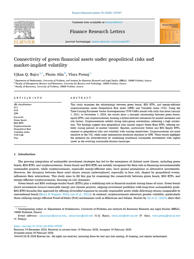 Connectivity of Green Financial Assets Under Geopolitica 2025 Finance  Resear | PDF | Financial Risk | Errors And Residuals