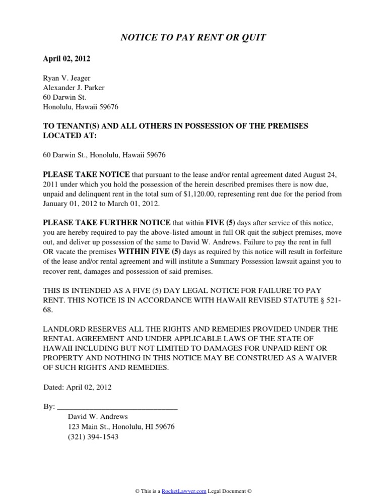 Hawaii Eviction Notice