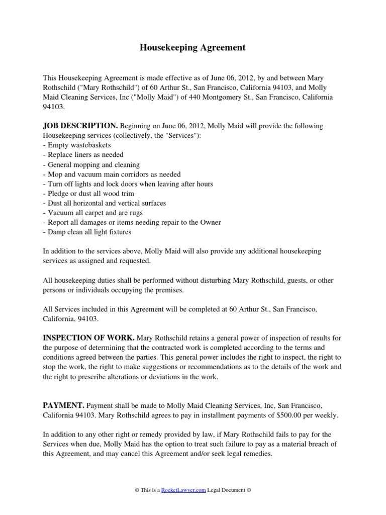 Housekeeping Agreement Arbitration Employment